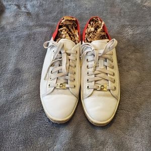 Michael Kors Kristy Beige/Coral/Gold Canvas Leather Espadrille Sneakers Size 10M